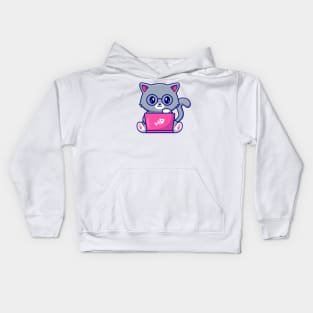 Cute Cat Working On Laptop Kids Hoodie